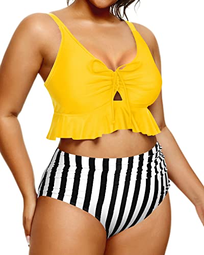 Stylish Ruched High Waisted Bikini Set For Curvy Women-Yellow And Stripe