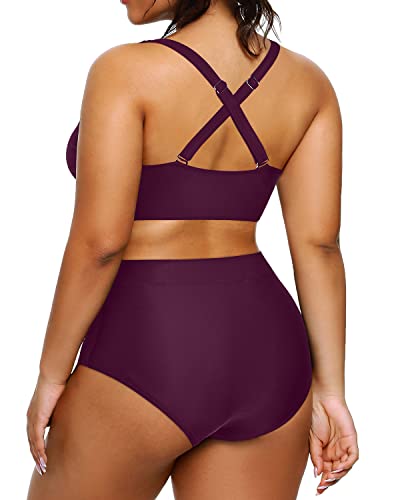 High Waisted Plus Size Bathing Suit 2 Piece Swimsuit-Maroon