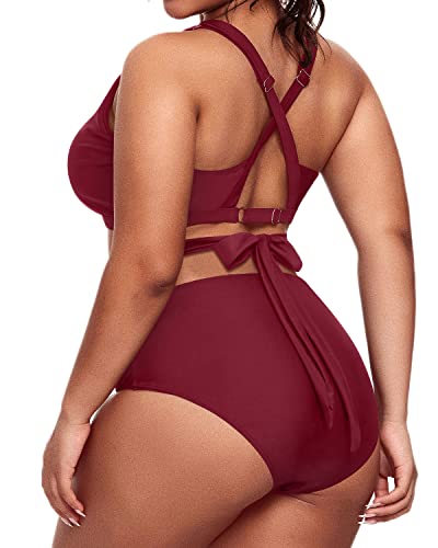 Full Coverage High Waist Bikini Plus Size Tie Knot Swim Suit-Maroon