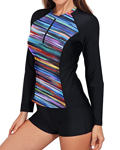 Women's Long Sleeve 2 Piece Rash Guard Boyshorts-Color Oblique Stripe