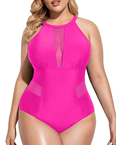 Elegant Plunge Mesh Cut-Out Swimsuit For Plus Size Women-Neon Pink