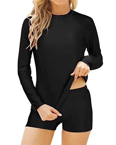 Women's Stretchy Swimwear Upf 50+ Protection Two Piece Crew Neck Long Sleeve Rashguard-Black