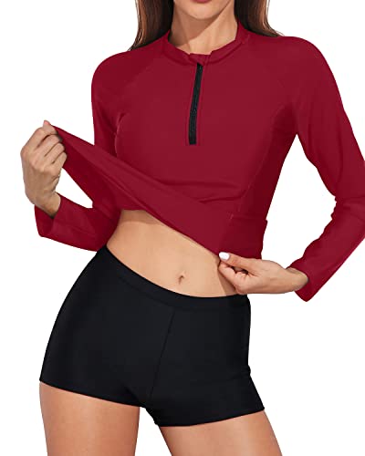 Women's Long Sleeve Rash Guard Built-In Bra And Boy Shorts-Red