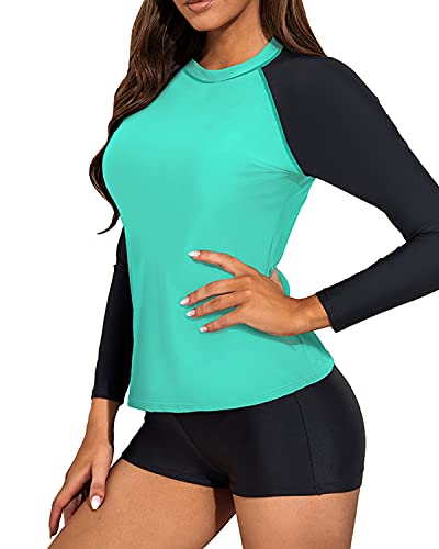 Uv Protection Women's Two Piece Long Sleeve Rash Guard Swimsuit-Aqua