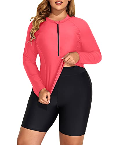 Women's Long Sleeve Plus Size Rash Guard Tankini Boy Shorts Swimsuit-Red