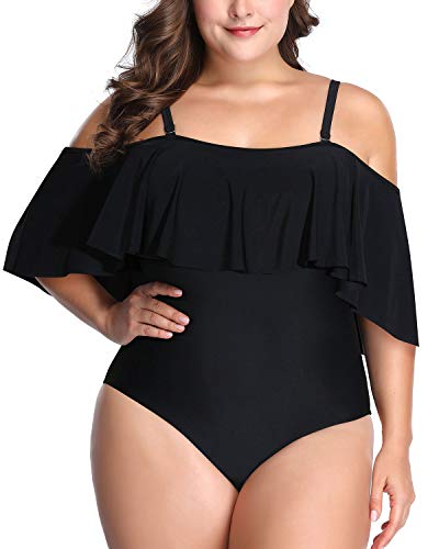 Adjustable Strap Flounce Top One Piece Swimwear For Women-Black