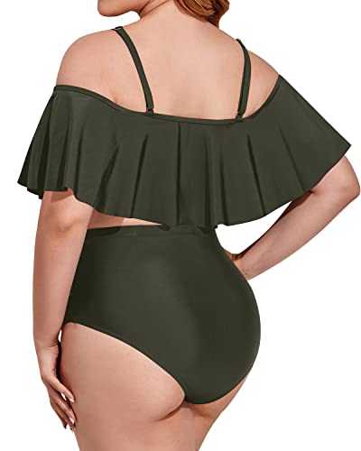 Two Piece Lace Up Flounce High Waisted Plus Size Bikini Sets-Army Green
