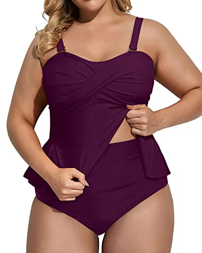 Removable Strap Twist Front Tankini Top High Waisted Tummy Control Bottom Plus Size Swimsuit-Maroon