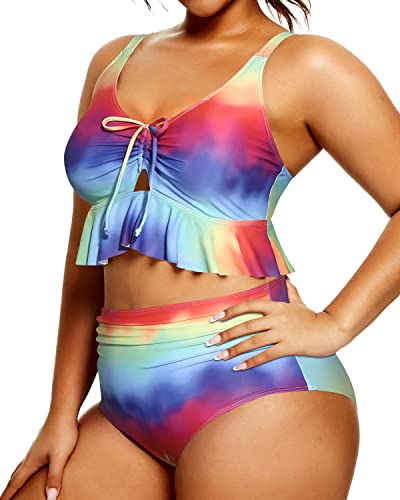Fashionable Keyhole Front Bikini Set For Plus Size Women-Color Tie Dye