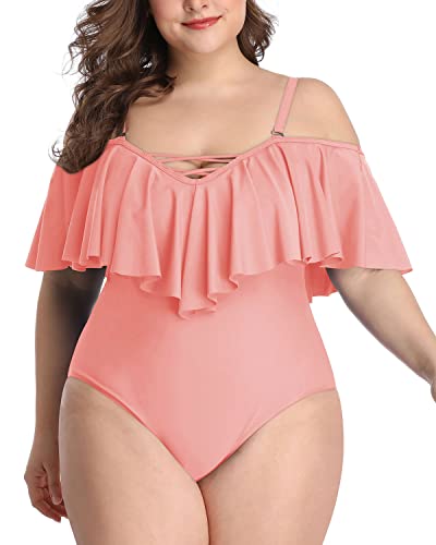 Adjustable Strap Off Shoulder Flounce Bathing Suits-Coral Pink