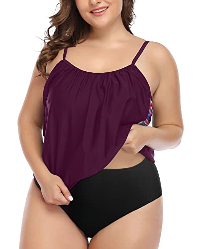 Adjustable Straps Padded Bra Tankini Swimsuits Shorts Plus Size-Wine Red Leaves