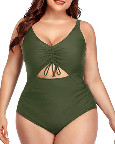 Plus Size Tummy Control Cutout One Piece Swimsuit-Army Green