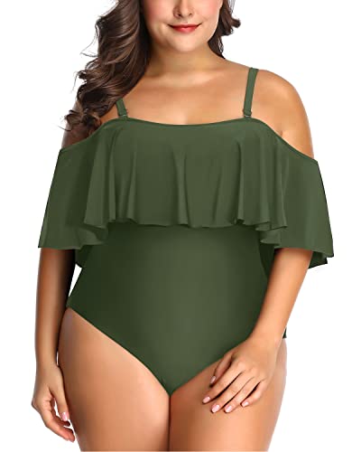 Charming And Cute Off Shoulder Ruffle Plus Size Swimsuit-Army Green
