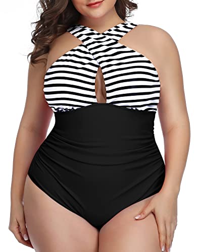Unique Keyhole Tummy Control Bathing Suits For Women-Black And White Stripe