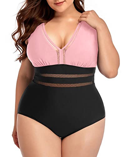Cheeky See-Through Hollow Out One Piece Plus Size Bathing Suit-Pink And Black