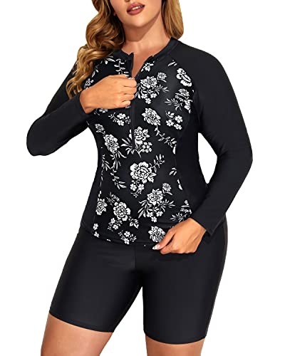 Full Body Coverage Rash Guard 2 Piece Plus Size Long Sleeve Rash Guard-Black And White Flo