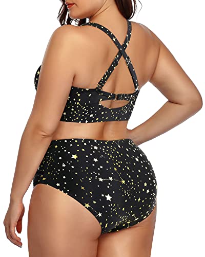 Women Charming Lace Up Plus Size Bikini High Waisted Bottoms-Gold Stars