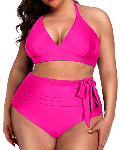 Push Up Padded Knotted High Waisted Bikini For Plus Size Ladies-Neon Pink