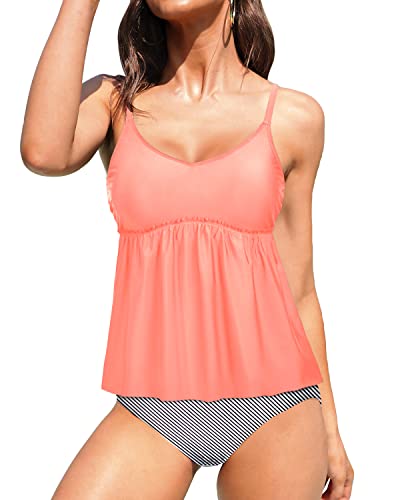 Stylish Peplum Swimsuit High Waisted Shorts-Coral Pink Stripe