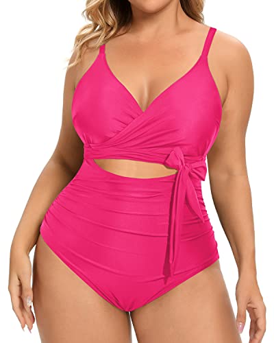 Wrap Tie Cutout Monokini Plus Size One Piece Swimsuits-Neon Pink
