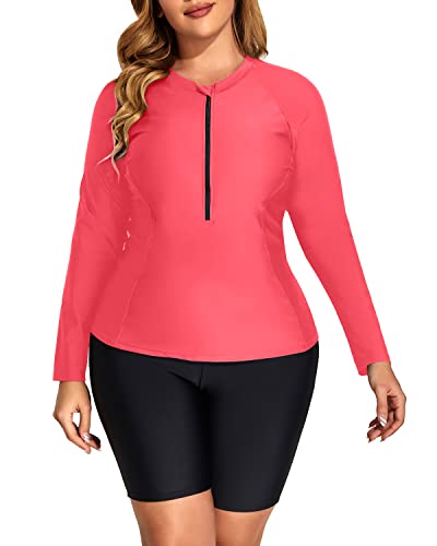 Women's Long Sleeve Plus Size Rash Guard Tankini Boy Shorts Swimsuit-Red