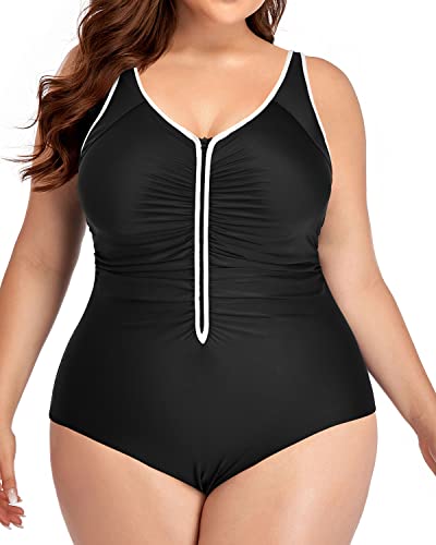 Push-Up Zipper Front Plus Size Bathing Suit For Women-Black