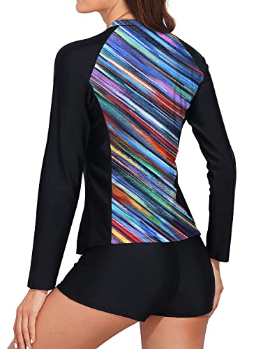 Women's Long Sleeve 2 Piece Rash Guard Boyshorts-Color Oblique Stripe