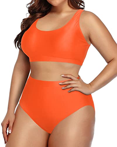Sporty Scoop Neck Plus Size Bikini Set High Waisted Bottoms-Neon Orange