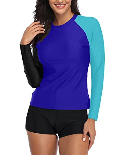 Women's Two Piece Rash Guard Swimsuit Set Boyshort Bottom-Black Blue Splicing