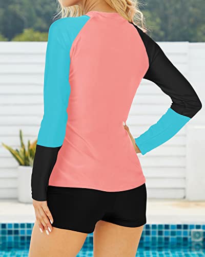 Sporty Raglan Sleeves Rash Guard Boyshort For Women-Coral Pink