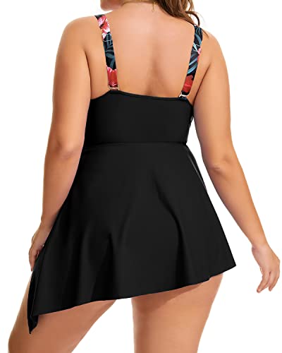 Plus Size Flowy Asymmetrical Hem Swim Dress Shorts-Black Floral Daci Plus Size Flowy Asymmetrical Hem Swim Dress Shorts-Black Floral Daci