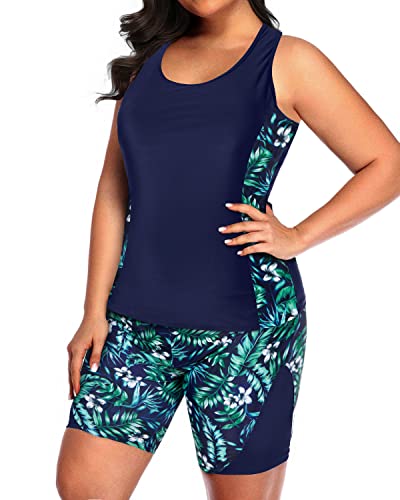 Removable Padded Bra Plus Size Racerback Tankini Set Boyshorts-Navy Blue Leaf