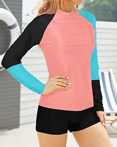 Sporty Raglan Sleeves Rash Guard Boyshort For Women-Coral Pink