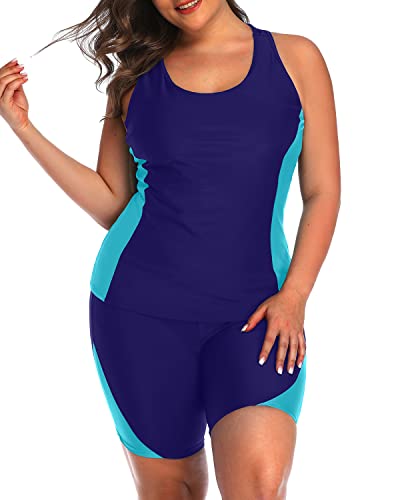 Women's Tummy Control Tankini Boyshorts For Plus Size-Navy Blue