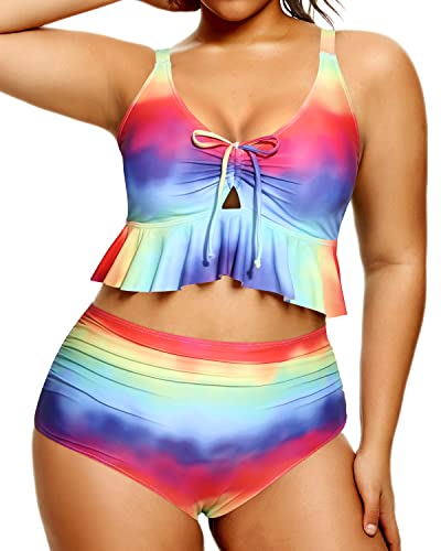 Fashionable Keyhole Front Bikini Set For Plus Size Women-Color Tie Dye