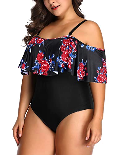 Charming Flounce Top Off Shoulder Swimsuit For Plus Size Women-Black And Red Floral