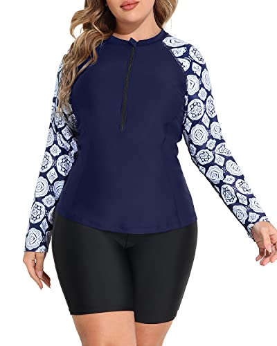 Women's Zip Front Plus Size Rash Guard Tankini Boy Shorts Swimsuit-Navy Blue Snake Prin