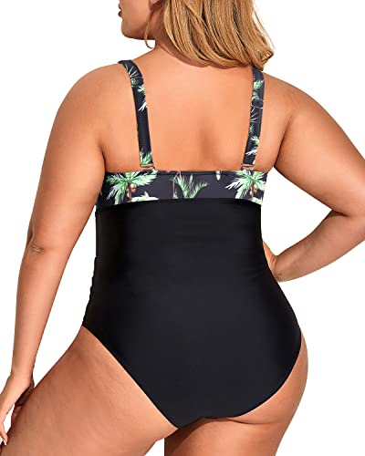 Ladies Sexy Mesh V-Neck Slimming One Piece Swimsuits-Black Palm Tree