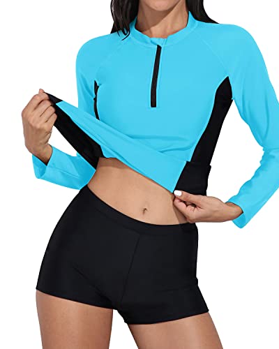 Women's Long Sleeve Rash Guard Zipper And Boy Shorts Swimsuit-Aqua