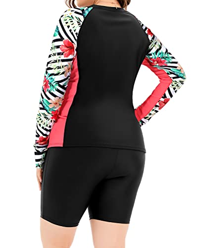 Full-Zip Athletic Tankini Swimsuit For Women-Black And Striped Leaves