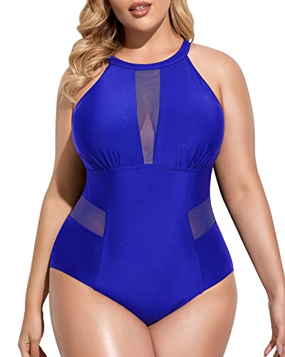 Trendy Mesh Cut-Out Plus Size One Piece Swimsuit-Royal Blue