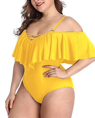 Flounce Tummy Control Plus Size Swimwear-Neon Yellow