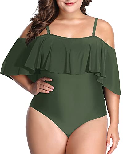 Charming And Cute Off Shoulder Ruffle Plus Size Swimsuit-Army Green