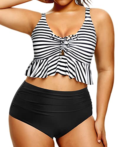 Women Plus Size Falbala Two Piece Swimsuits Ruffle Bathing Suits-Black And White Stripe