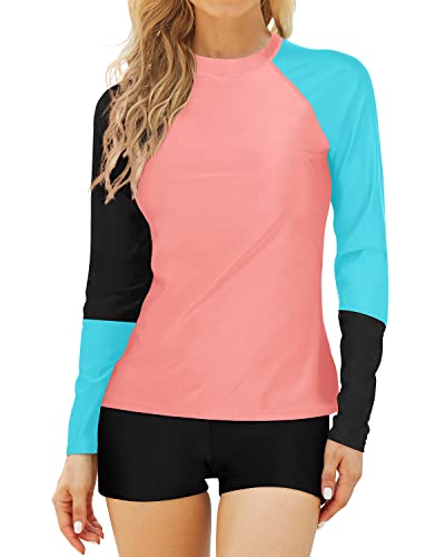 Sporty Raglan Sleeves Rash Guard Boyshort For Women-Coral Pink