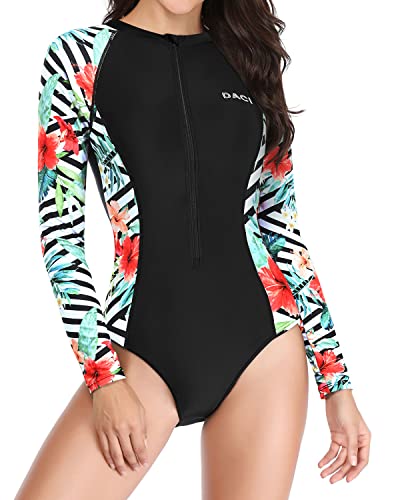 Women's Full Body One Piece Diving Rash Guard Chest Zipper-Black And Striped