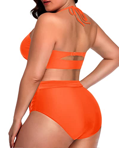 Two Piece Retro-Inspired Knotted High Waisted Bikini For Plus Size Women-Neon Orange