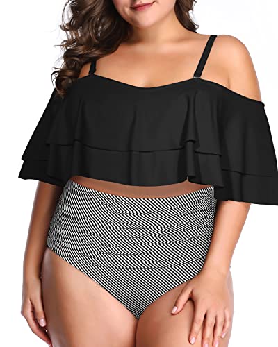 Double Ruffle Off Shoulder Bikini Set For Plus Size 2 Piece Swimsuits-Black Stripe