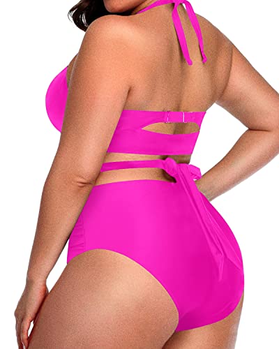 Push Up Padded Knotted High Waisted Bikini For Plus Size Ladies-Neon Pink