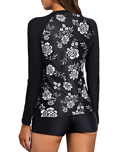 Long Sleeve Two Piece Rash Guard Bathing Suit For Women Boyshort Bottom-Black And White Flo